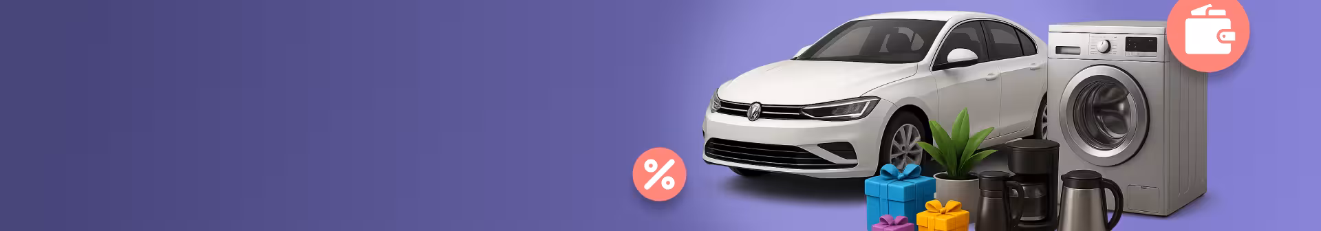 Carro, electrodomésticos y regalos que representan artículos que pueden financiarse con un préstamo.